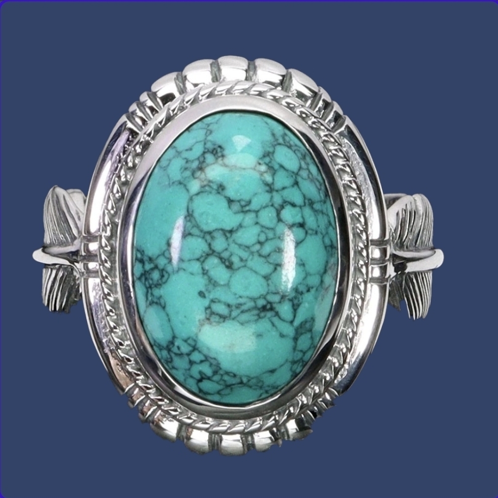 925 Sterling Silver Ring Sz 6.75 with Natural Oval Turquoise 14x9mm Gemstone